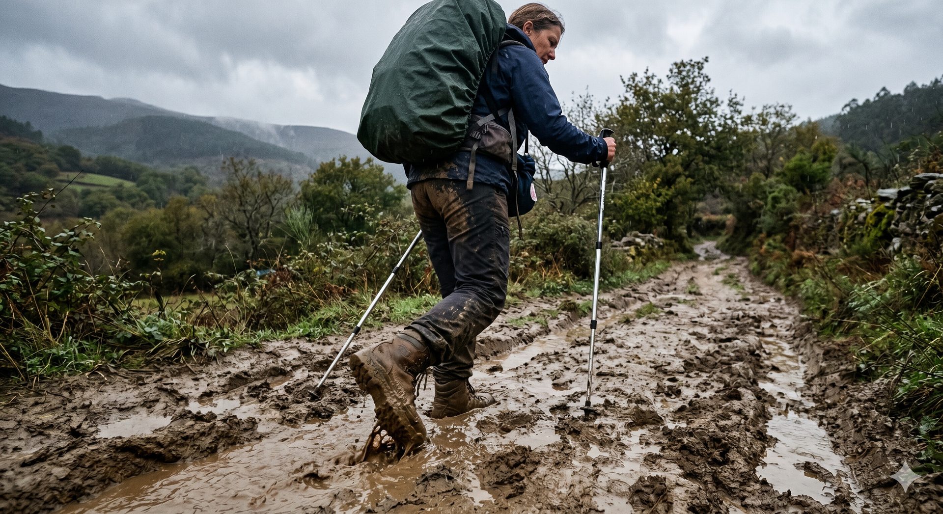 Peregrino cruzando un sendero embarrado en Lugo con las botas hundidas en el barro